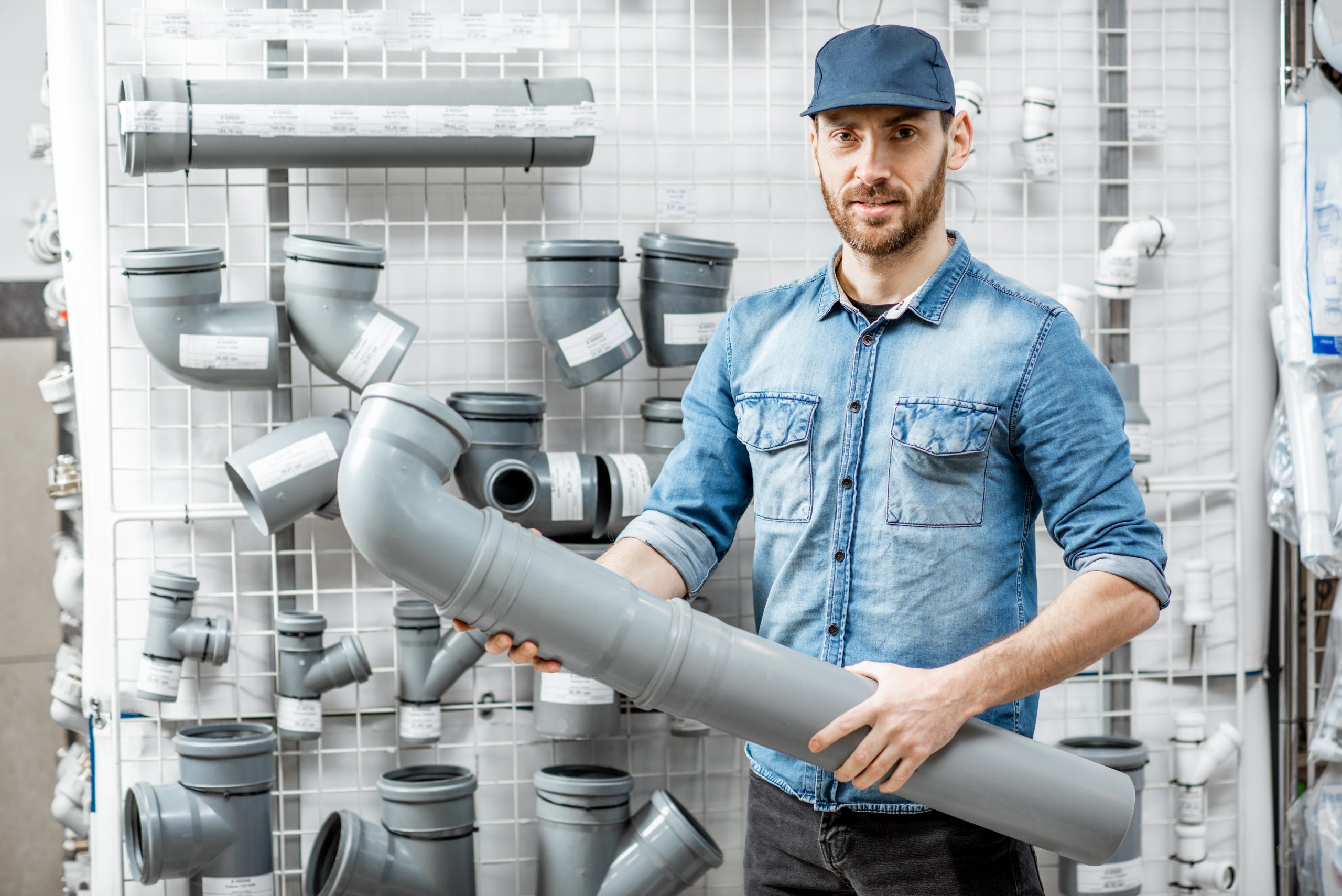 Portrait of a handsome workman choosing sewer pipes standing near the showcase of the plumbing shop